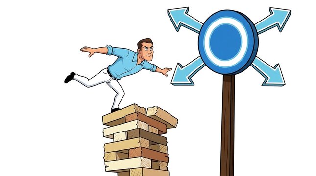 Man on unstable blocks facing multiple choices and business decisions.