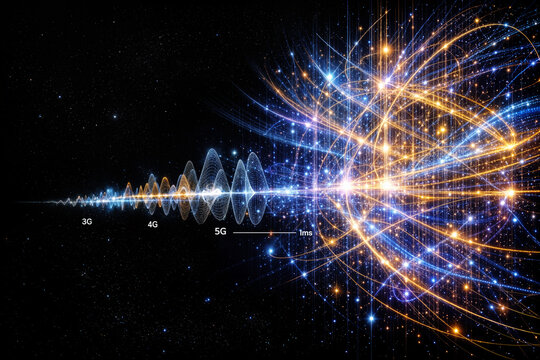 6G signal architecture versus 5G 4G 3G evolution visualisation showing terahertz waves massive MIMO AI spectrum allocation quantum channels and data density leap 1ms scale