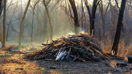 Fototapeta premium Homesteading spring cleanup with controlled brush burning in autumn and winter forest debris, rural Midwest Missouri, sustainable land management, fire safety, farm maintenance, outdoor forestry work
