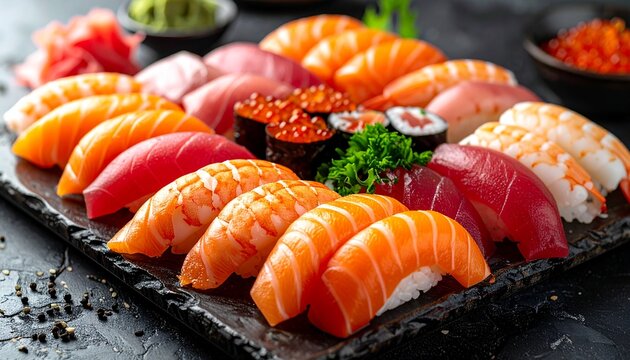 Sushi platter with salmon, tuna, and shrimp, beautifully arranged on a black slate plate, garnished with fresh herbs and caviar