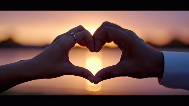 Silhouetted hands form heart against glowing sunset over calm water