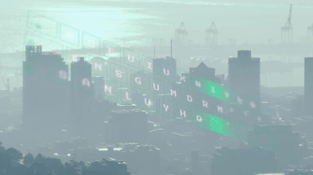 Vertical video: Data stream sparking faint skyline text band, green bars scanning letters for tech