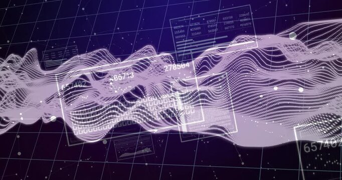 On data input, waveform ribbon flowing across grid while updating HUD numbers for analytics