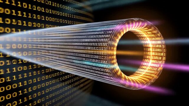 Futuristic data transmission tunnel with binary code and light effects.