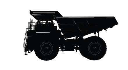A stark silhouette depicts a large heavy duty mining dump truck showcasing its robust frame and massive tires against a white backdrop © ArtBySalea07