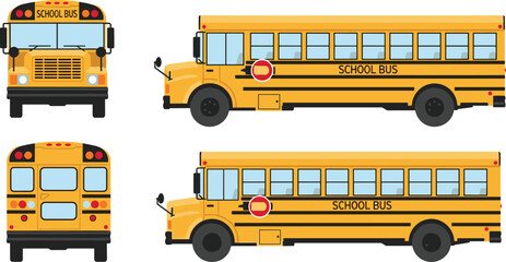 Yellow school bus set front side and rear view student transport vehicle vector illustration © EdGe Creative