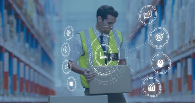 Warehouse worker taping box on cart in aisle, finishing seal causing HUD overlay appearing over box