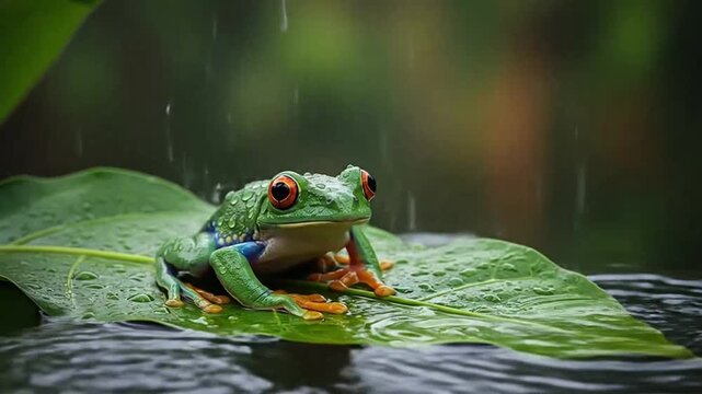 Green frog sitting on a leaf in the rain.