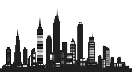 A striking black silhouette depicts a dense urban skyline composed of numerous high rise buildings and skyscrapers high quality professional © ArtBySalea07
