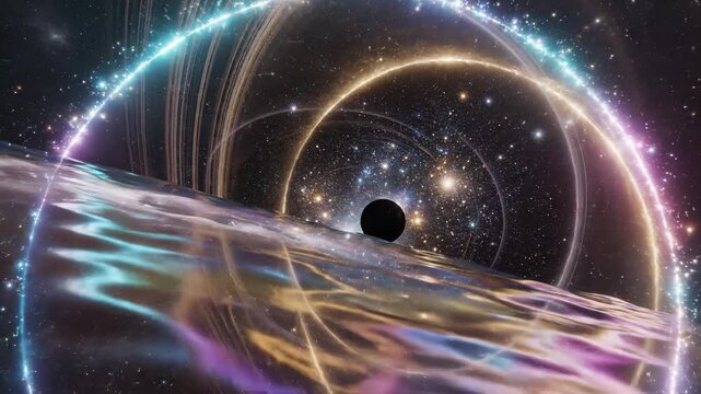 Massive black hole with glowing event horizon and accretion disk in deep space. Cinematic visualization of gravitational singularity and cosmic phenomena in the universe.