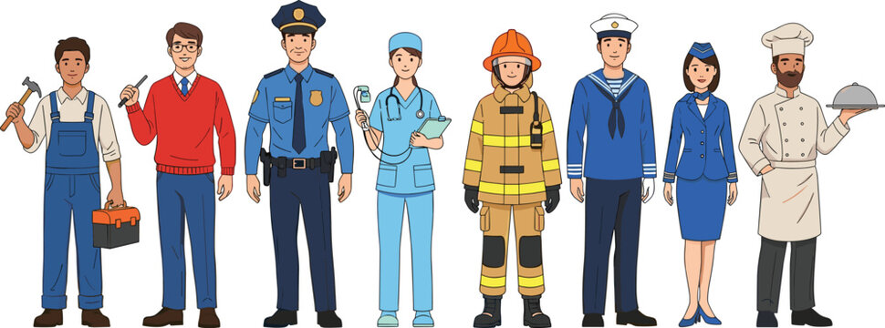 Different professions workers set mechanic engineer police doctor firefighter sailor pilot chef vector illustration