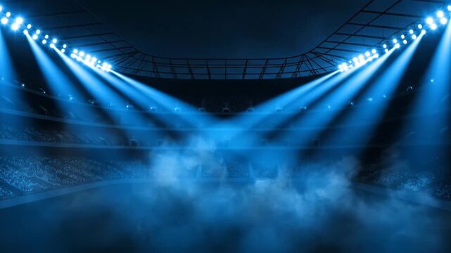 Exciting World Cup soccer match illuminated by bright stadium lights on a foggy evening atmosphere from an aerial viewpoint