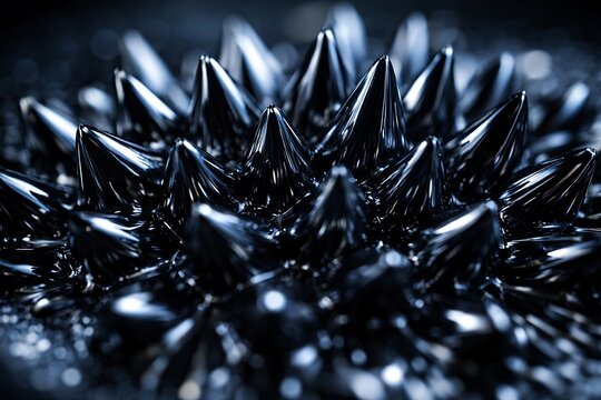 Dark metallic ferrofluid spikes forming intricate patterns under cool blue lighting