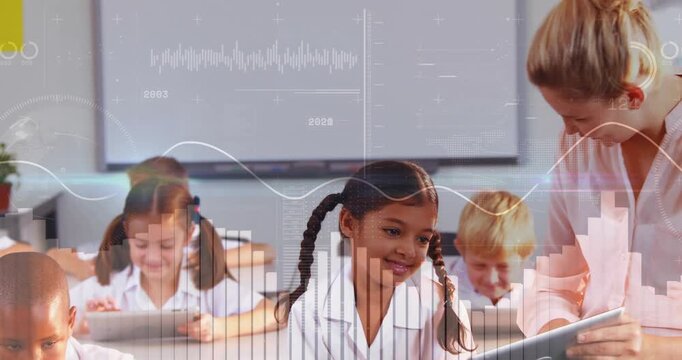 Vertical video: Teacher tapping tablet, student engaging with device in class while graphs sweeping