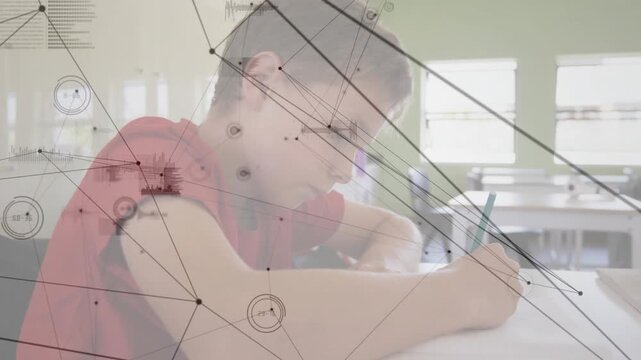 Student starting pencil on paper and writing classroom work, network HUD hovering, not touching