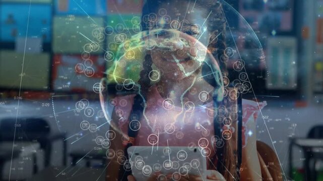 Girl raising tablet and tapping, causing globe forming circular HUD on chest in class