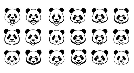 Collection of various panda faces in black and white different expressions on white background © Pabitra