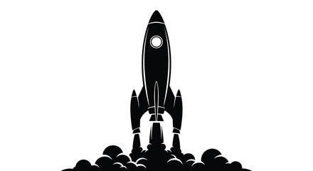 A sleek black rocket ship is depicted blasting off into the sky trailed by a cloud of dark smoke and flames © ArtBySalea07