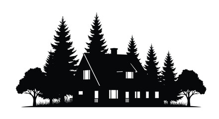 Fototapeta premium A striking black silhouette depicts a classic house nestled among a dense grouping of evergreen and deciduous trees
