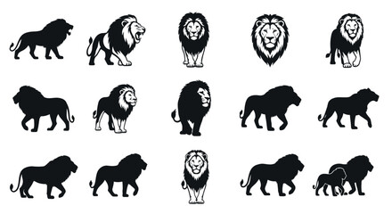 Collection of lion silhouettes and illustrations in various poses and styles on white background © Pabitra