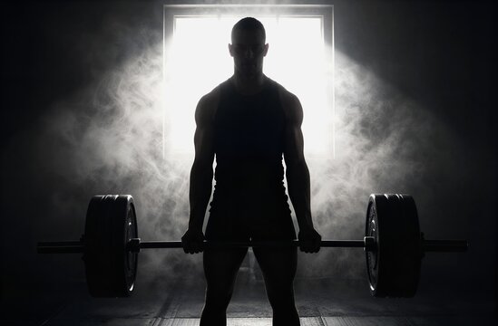 Strong man lifting barbell in smoky backlit gym