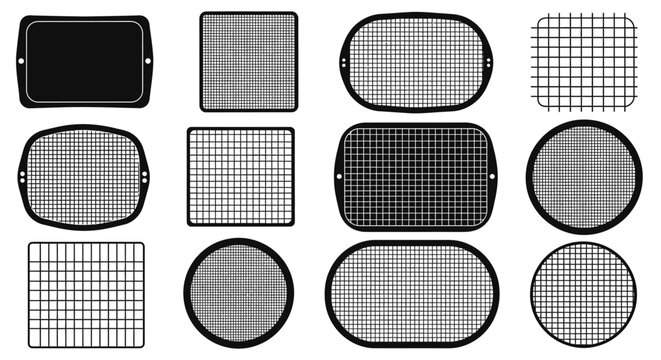 Collection of various wire mesh strainer and sieve shapes and sizes for kitchen use on white background