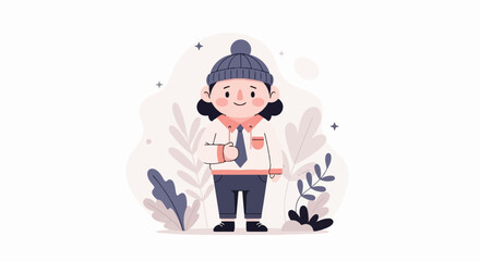 A whimsical illustration of a person in a beanie, shirt, tie, and pants, surrounded by abstract foliage