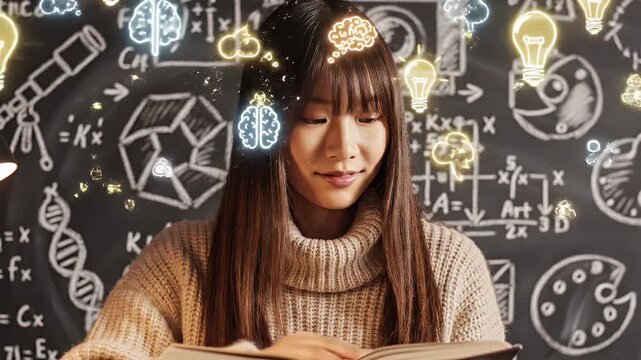 Young person intensely studying, with glowing ideas and brains above their head