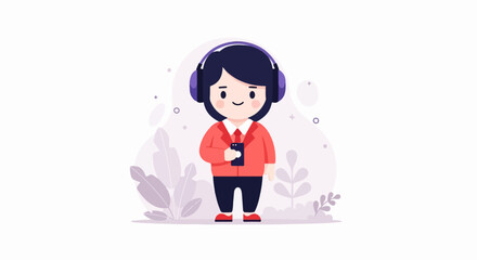 Obraz premium A stylized character with headphones and a phone enjoys music amidst abstract botanical elements