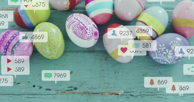 Social bubbles rising from lower-left and floating over painted eggs on teal plank updating counts