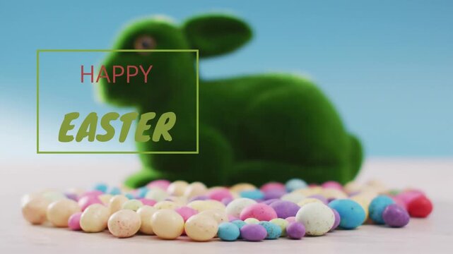 Overlay popping, camera racking focus, revealing moss rabbit on candies for Easter ad