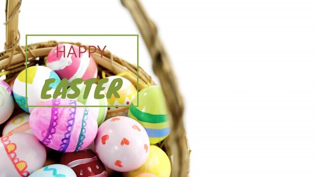 Basket centering, camera panning and zooming in, showing eggs under HAPPY EASTER overlay for ads