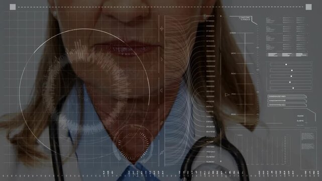 Senior doctor with steth moving up camera tightening HUD animating around smiling to build trust