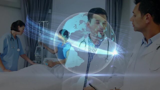 Care team moving to IV, doctor reviewing notes, providing medical care under globe sweeping light