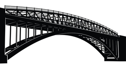 Obraz premium A striking black and white illustration depicts a curved metal bridge with detailed structural supports and railings spanning a dark void