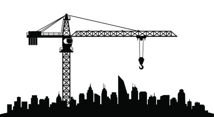 Obraz premium A stark black silhouette depicts a towering construction crane overlooking a silhouetted cityscape at dusk high quality professional detailed