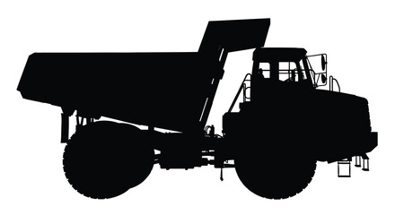 A stark silhouette of a large heavy duty mining dump truck is prominently displayed against a plain white background