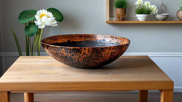 Decorative bowl with a unique hammered texture sits on a wooden table, complemented by plants and decorative items in a stylish interior space