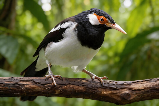Burung Jalak Suren Bird Javan Pied Starling Gracupica Jalla Standing on a Tree Branch in a Tropical Forest