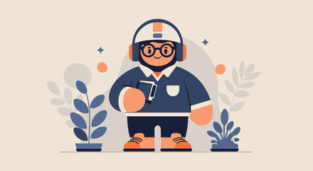 Cheerful cartoon character in headphones, holding a book, surrounded by stylized plants and abstract shapes