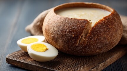 Naklejka premium Rye bread bowl with creamy soup and sliced hard-boiled egg