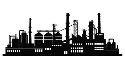 Fototapeta premium A stark black silhouette depicts a sprawling industrial complex featuring numerous smokestacks and interconnected factory buildings high quality professional