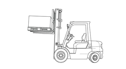 A detailed black and white line drawing showcases a side view of a modern industrial forklift truck emphasizing its mechanical structure © ArtBySalea07