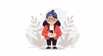 Fototapeta premium A cheerful, stylized cartoon girl in a red jacket and blue cap holds a phone, amidst muted, leafy foliage