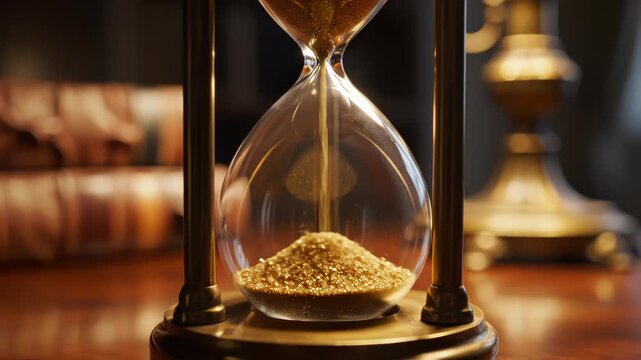 Closeup sand falling in hourglass standing at table in evening lit room. Macro view gold grains counting seconds inside elegant clock. Transparent timepiece showing time flowing. Classic decor concept