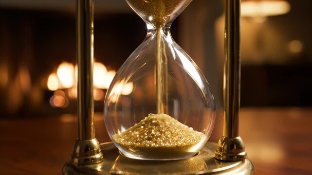 Closeup sand falling in hourglass standing at table in evening lit room. Macro view gold grains counting seconds inside elegant clock. Transparent timepiece showing time flowing. Classic decor concept