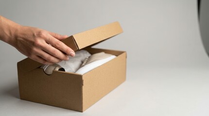 Hand Unboxing Generic Shoes from Plain Box on Seamless Background