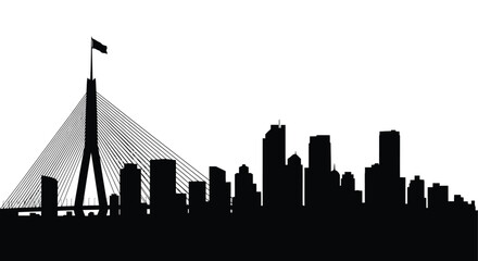 A striking black silhouette depicts a city skyline featuring a prominent cable stayed bridge and dense urban buildings high quality © ArtBySalea07