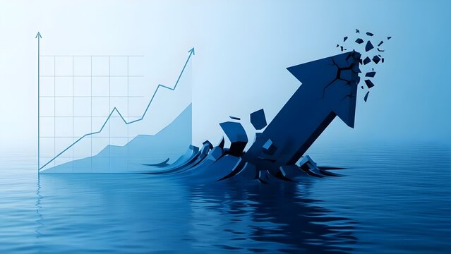 Sinking ship with graphs and charts in the background on a blue sea