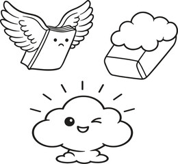 Fototapeta premium Cute line art drawings of flying book, soapy sponge, and winking cloud
